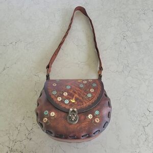 Vintage Handmade Leather Crossbody Froral Bag.